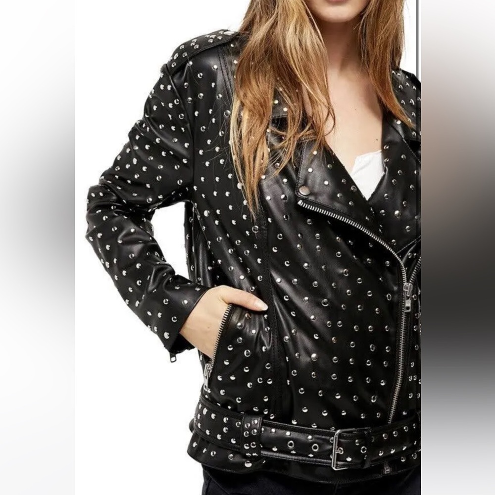 Free People black “No Other”studded jacket in small vegan moto leather